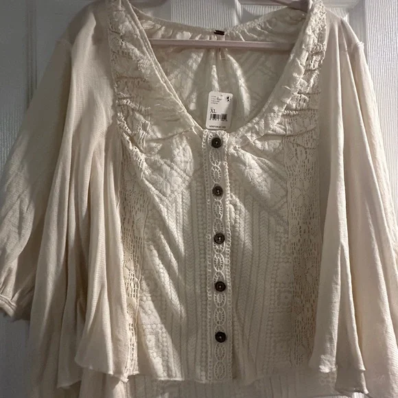 Free People Mae Top- with Ivory Lace and Button Detail - Picture 4 of 4
